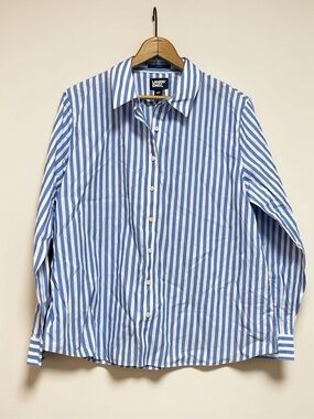Lands' End 100% Cotton No Iron Blue and White Vertical Stripe Button Down 16p